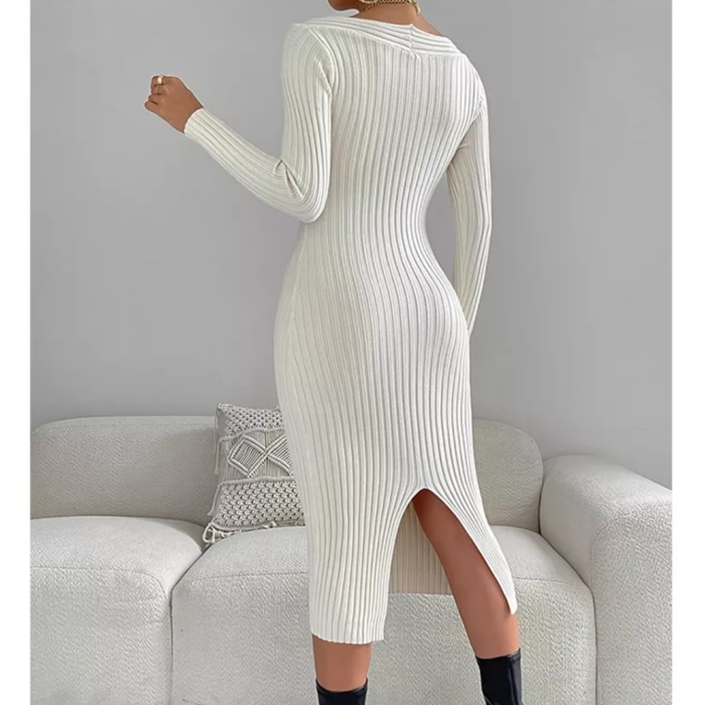 Square Neck Long Sleeve Ribbed Knit Midi Dress - Picture 2 of 15